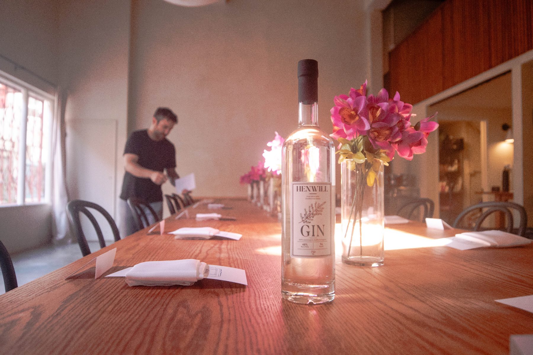 Henwill Gin bottle on the dinner table