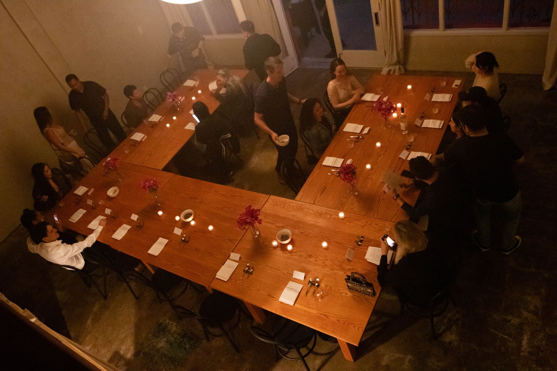 Overhead view of guests around long tables